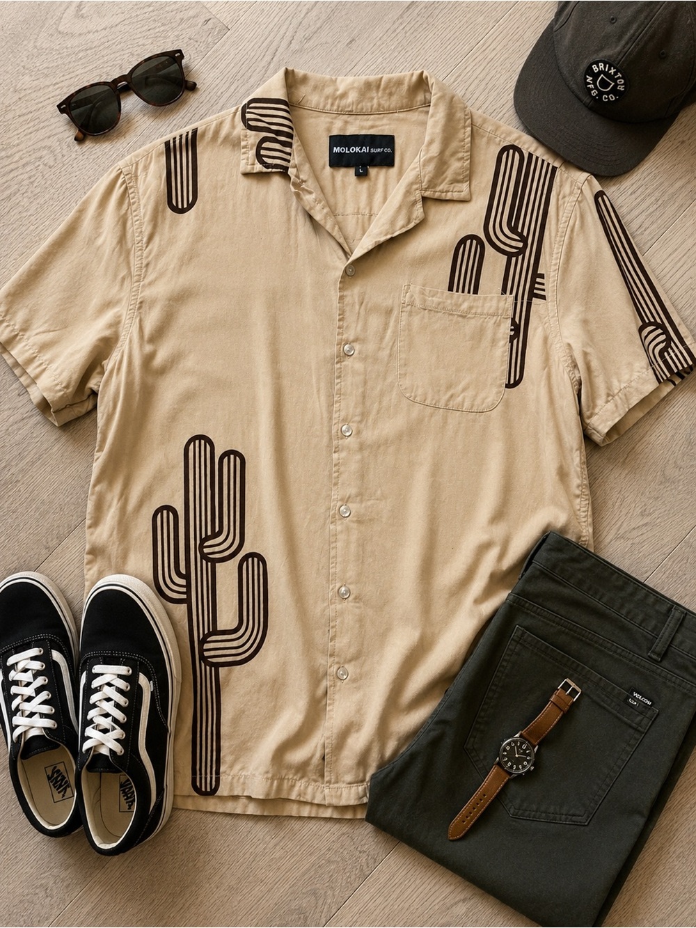 Molokai Surf Co. Cactus Print Button Front Camp Shirt Men’s Large Hawaiian Beige